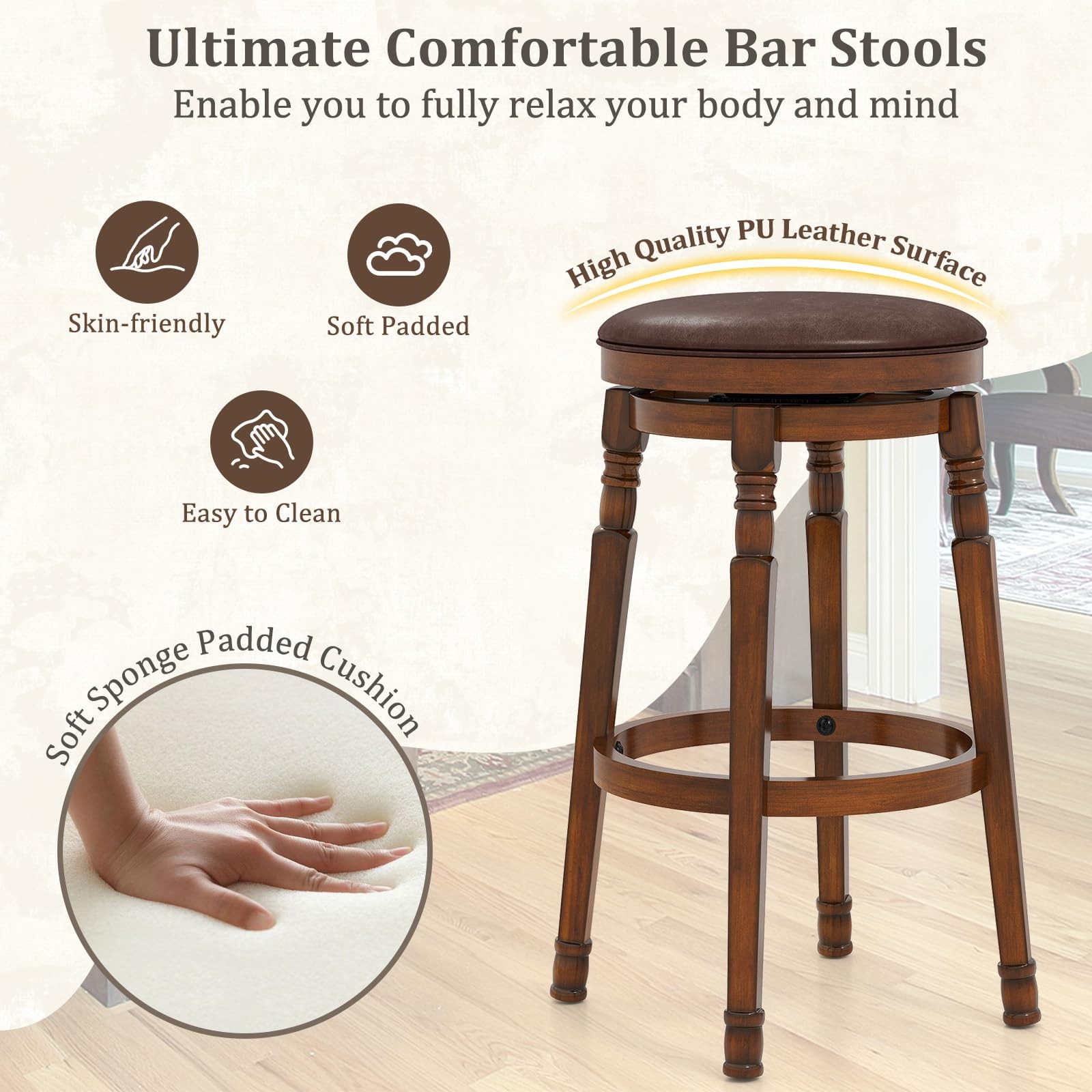Swivel Bar Stools Set of 2, 29" Bar Height Bar Stools w/Faux Leather Padded S...