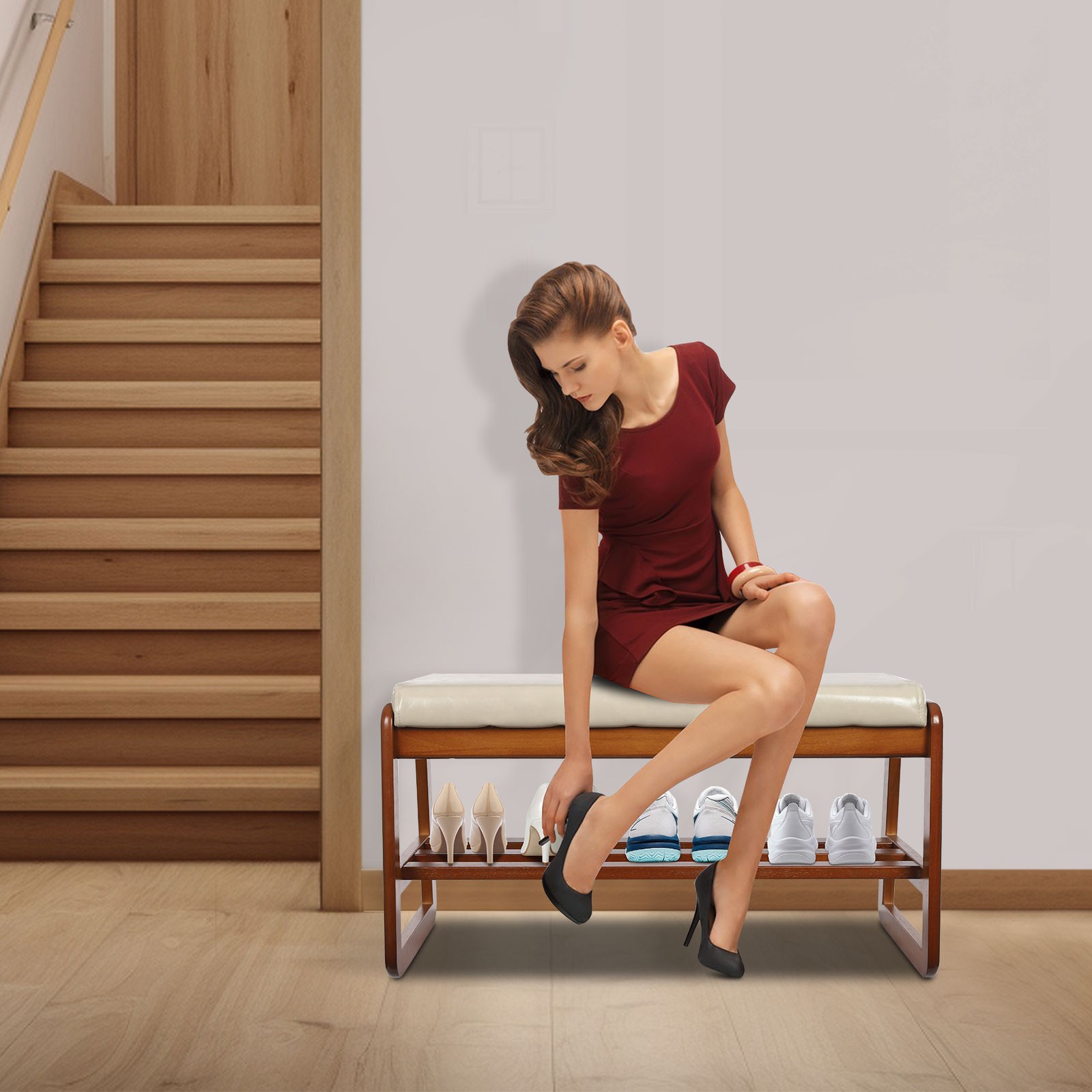 Shoe Bench for Entryway, Shoes Rack Bench with Cushion Rubberwood 80*36*42cm
