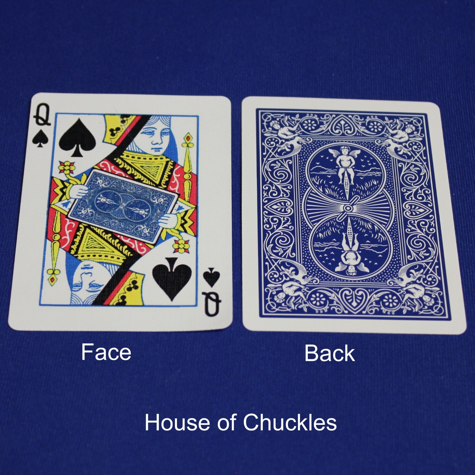 Queen of Spades Holding Blue Back Card, Bicycle Printed Gaff Card, Blue