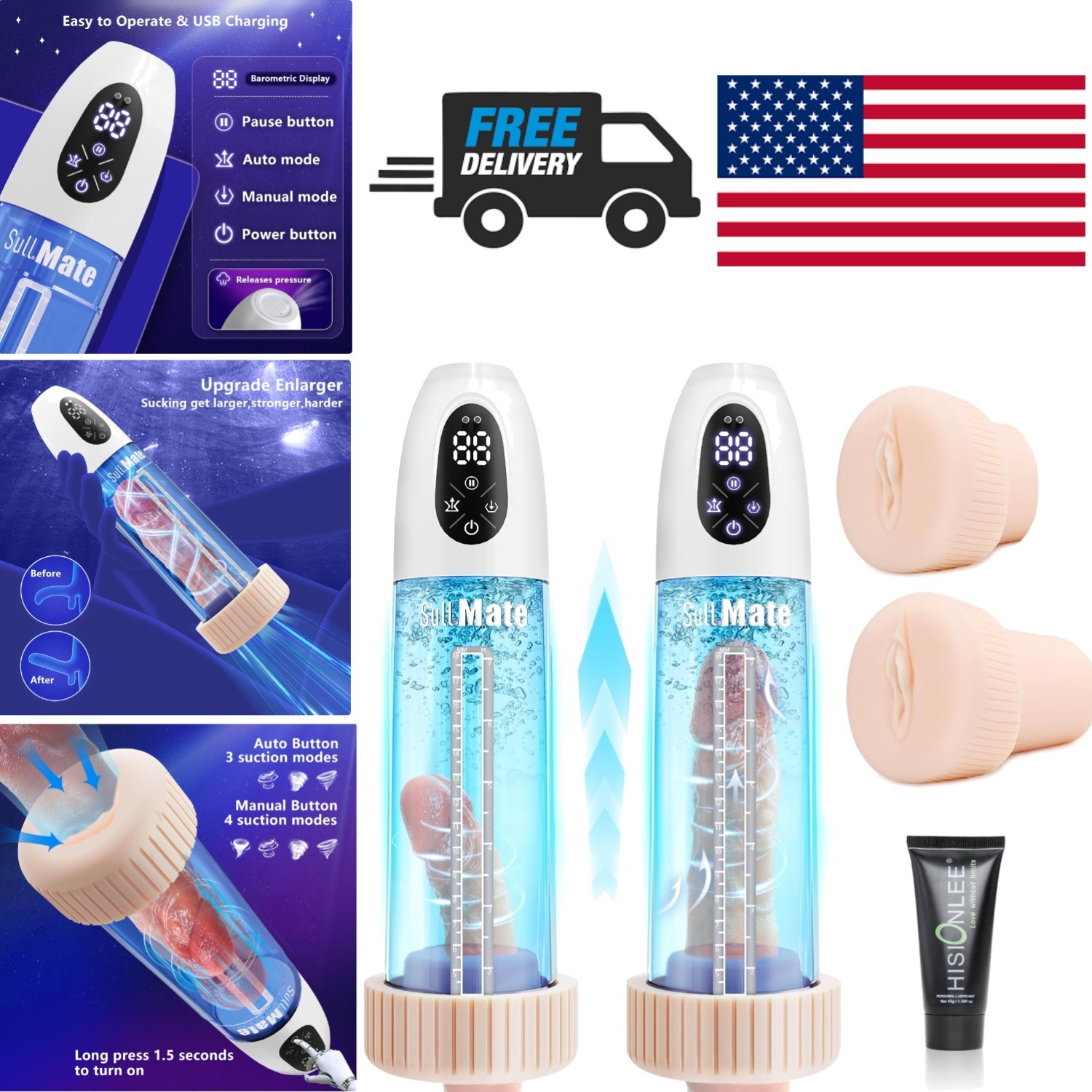 Penis Pump Electric Vacuum Enlargement Device with 4 Manual and 3 Auto Modes