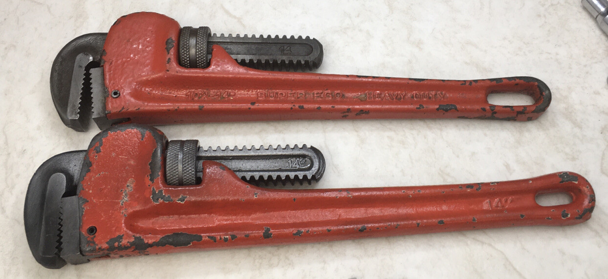 Pipe Wrenches, 14in., 2pc Lot, Super Ego (Spain) And Unbranded(China)