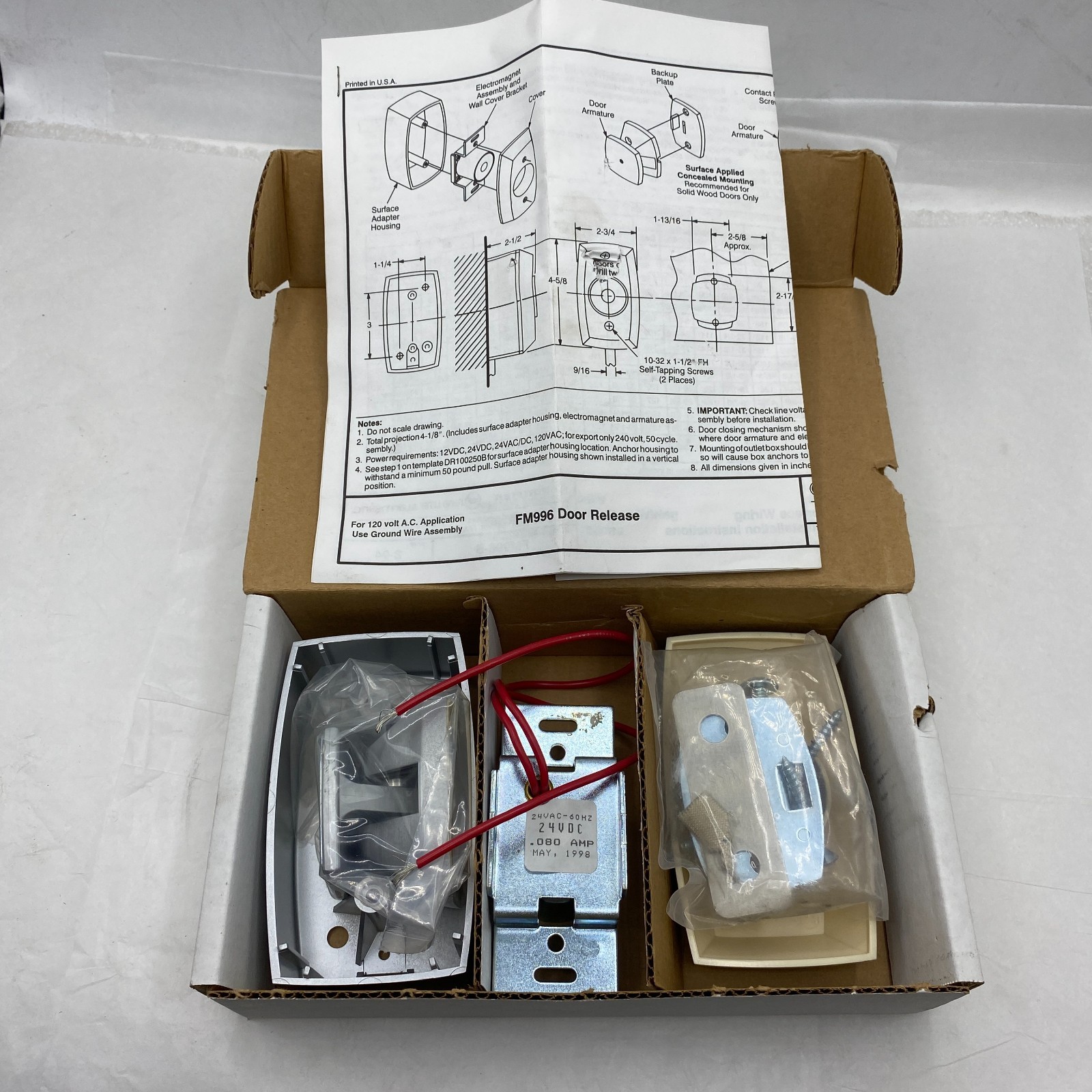 NOTIFIER FIRE-LITE FM996 SURFACE/FLUSH TRI-VOLTAGE ELECTROMAGNETIC DOOR HOLDER