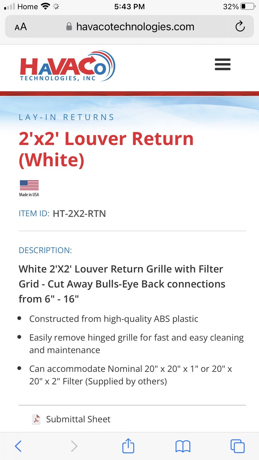Havaco Technologies HT-2X2-RTN Quick Connect 2 X 2 ft. White Air Return Vent USA