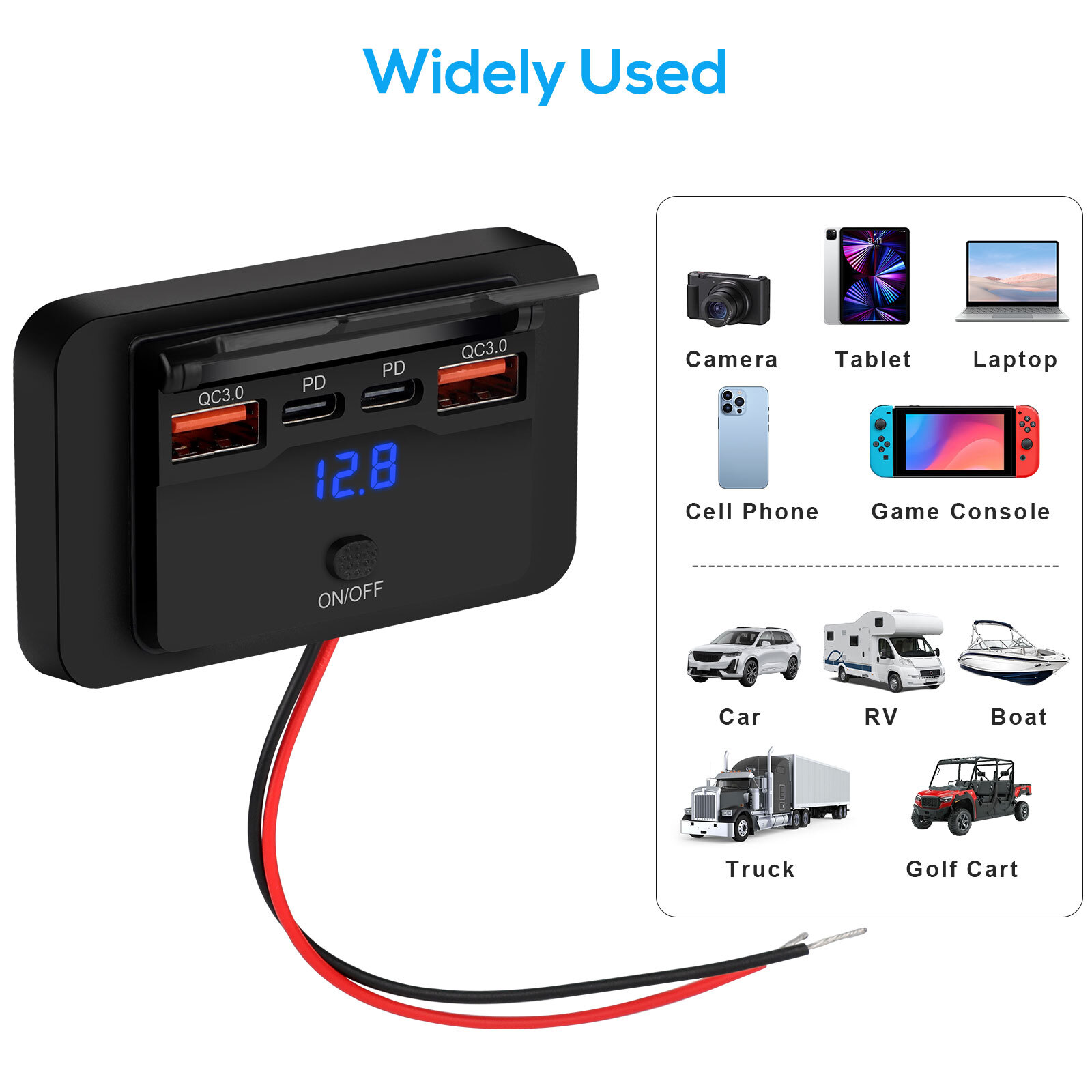 Fast USB Car Charger Socket Panel LED Voltmeter QC3.0 & PD Power Outlet 12-24V