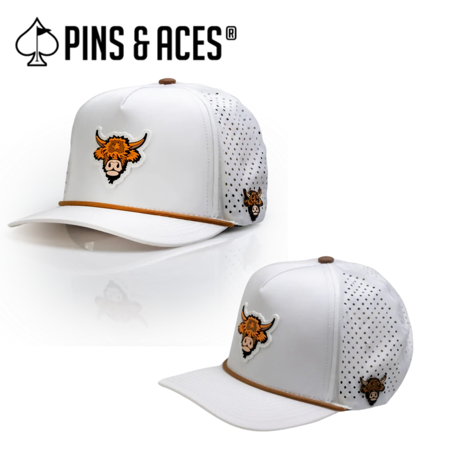 Pins & Aces: Highland Cow White Snapback Hat & MATCHING Ball Marker