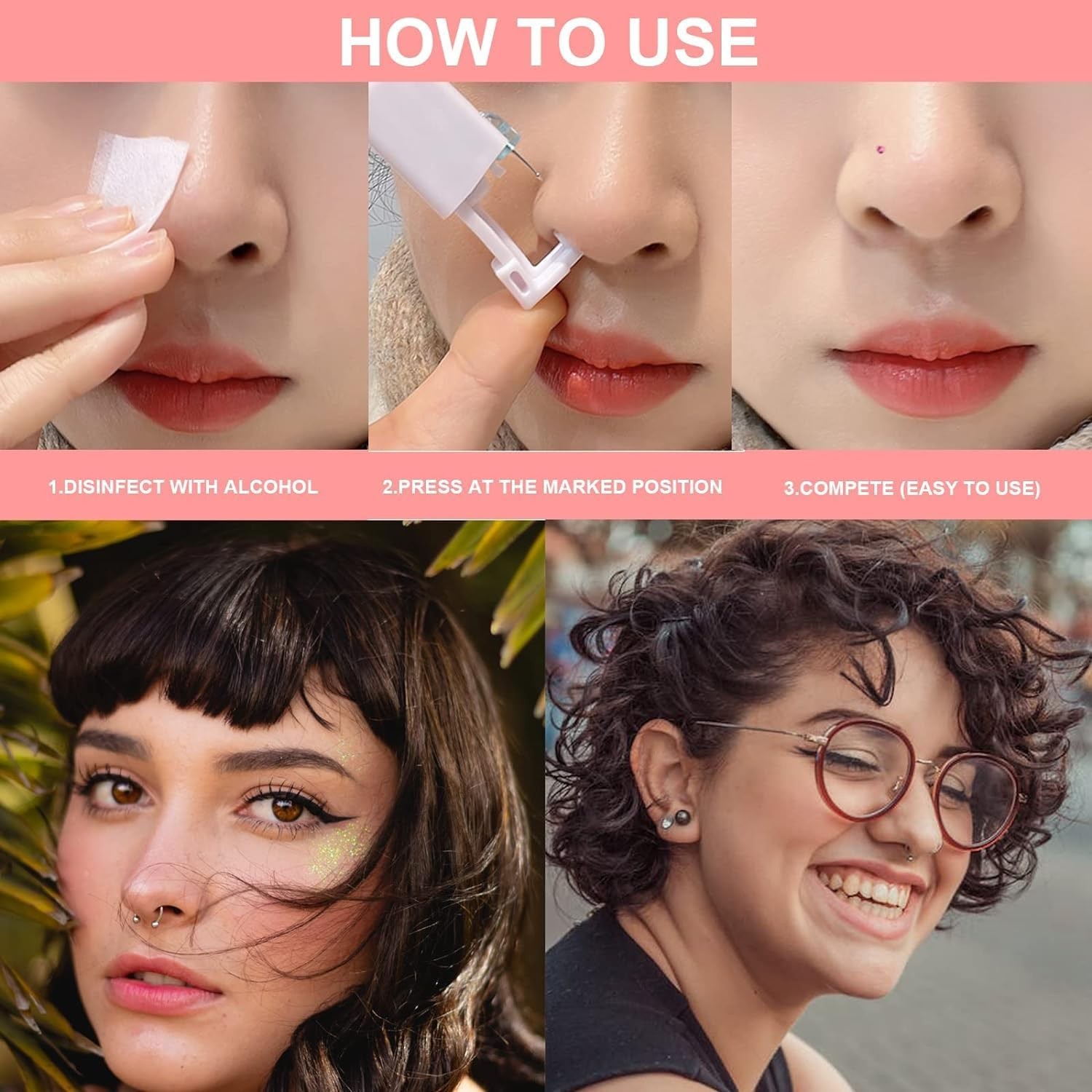 Nose Piercing Gun Kit - 6Pcs Self Unit 20g, Silver