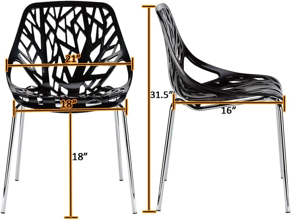Modern Stackable Dining Chair Set of 4, Black, Plastic Birch Sapling Chairs for