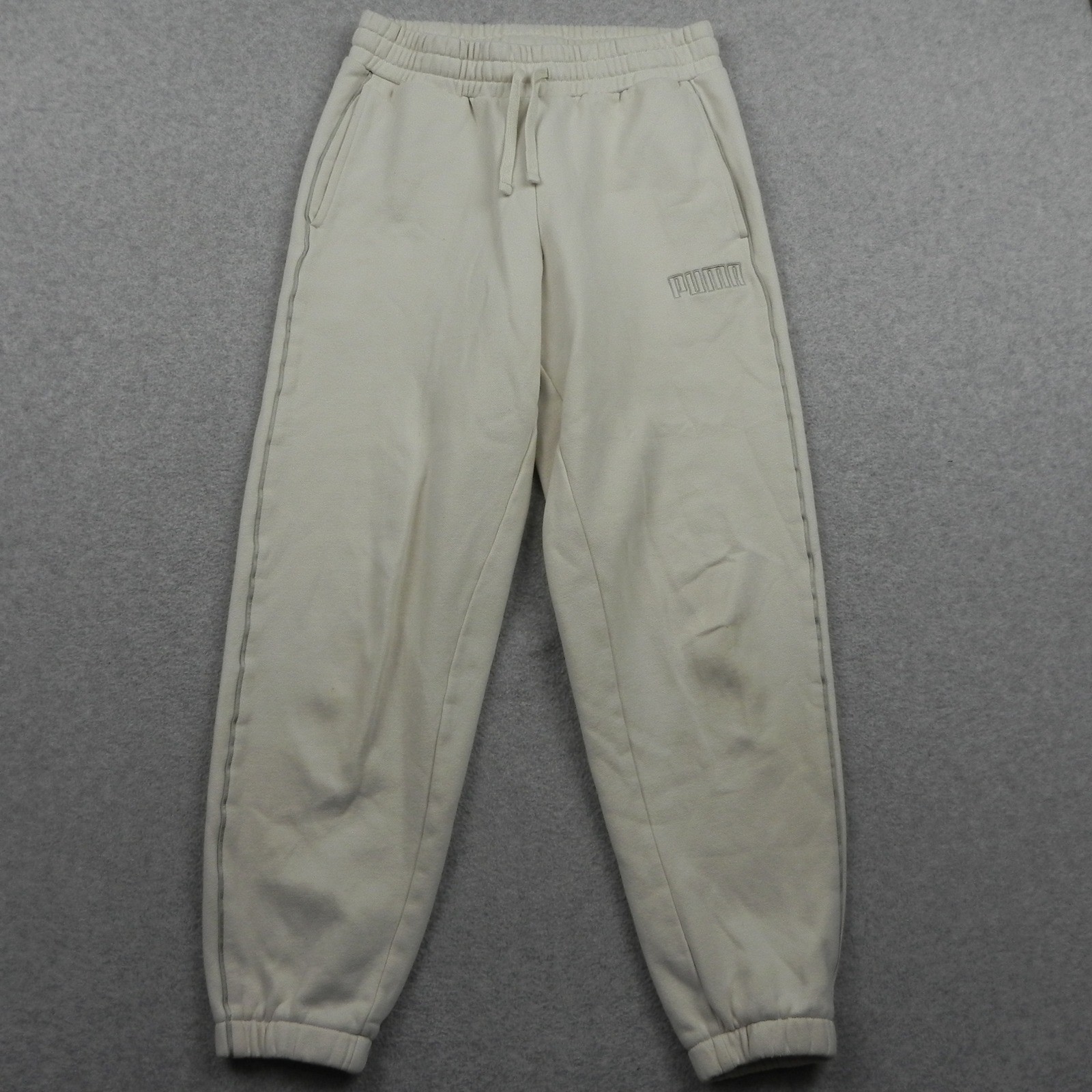 Puma Sweatpants Mens Small Cream Joggers Drawstring Logo Athletic Active Pants