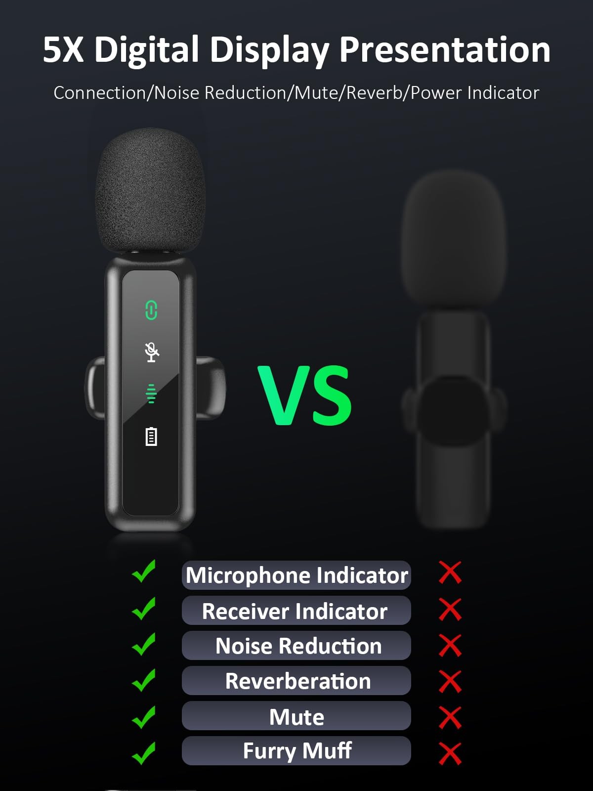 Wireless Lavalier Microphone for iPhone 5-14 Series, LED Display Small, Black