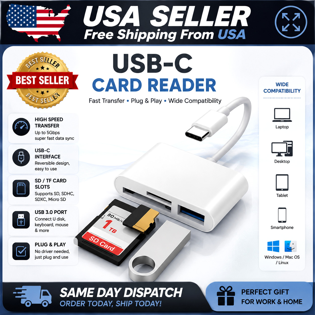 USB C to SD Card Reader, 3-in-1 Hub Converter, Micro SD TF Memory Type-C Adapter