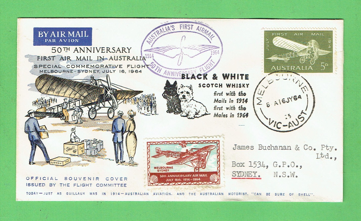 #RR. 1964 50th ANNIVERSARY FIRST AIR MAIL IN AUSTRALIA  STAMPED ENVELOPE - LARGE