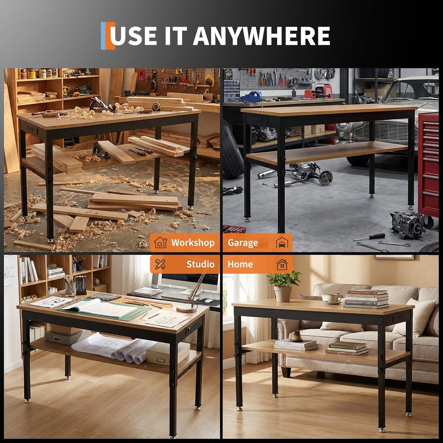 48x24 in Adjustable Height Workbench 2500LBS Heavy-Duty Work Bench Table Garage