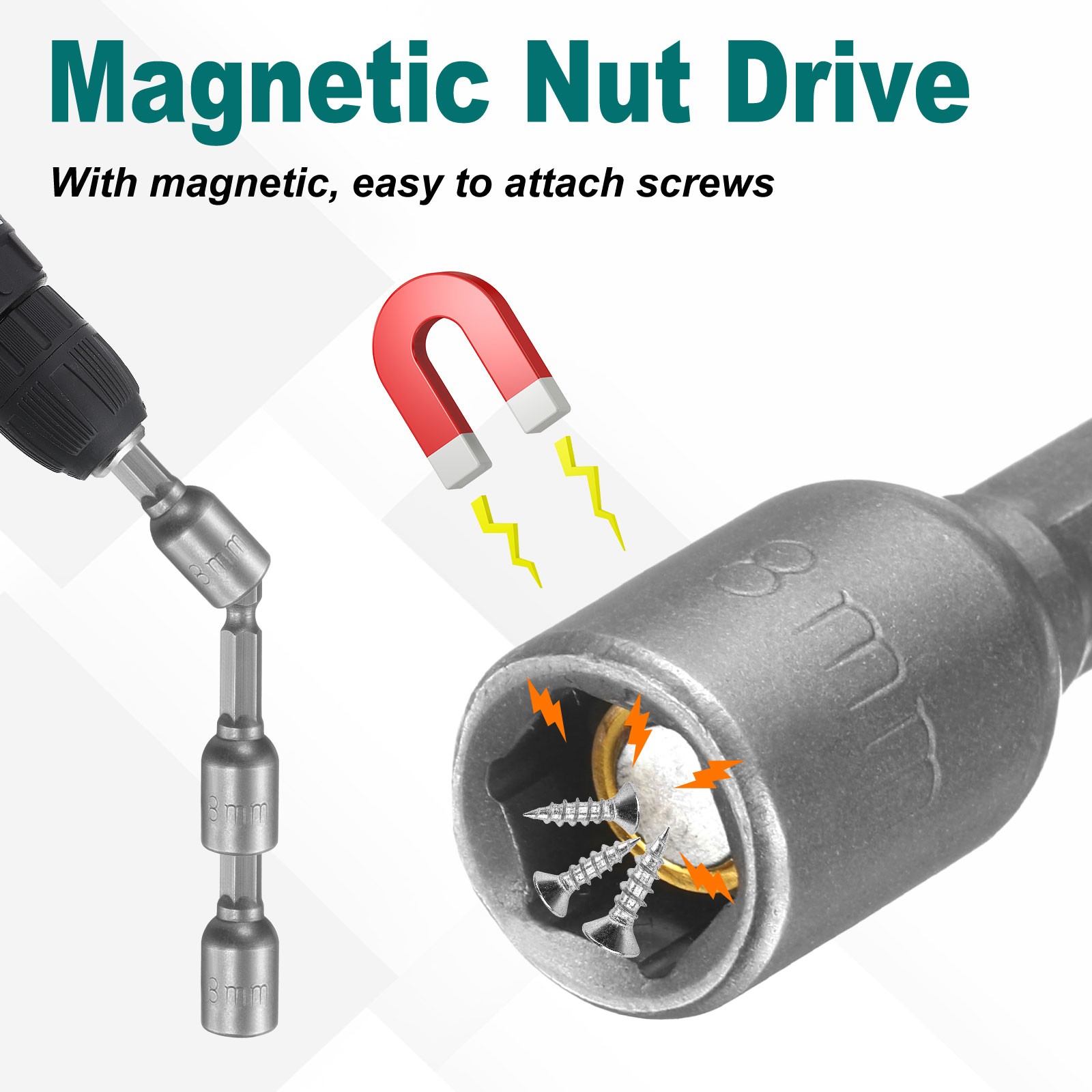 1/4" Hex Magnetic Nut 8mm Socket Wrench 48mm Silver 12pcs,