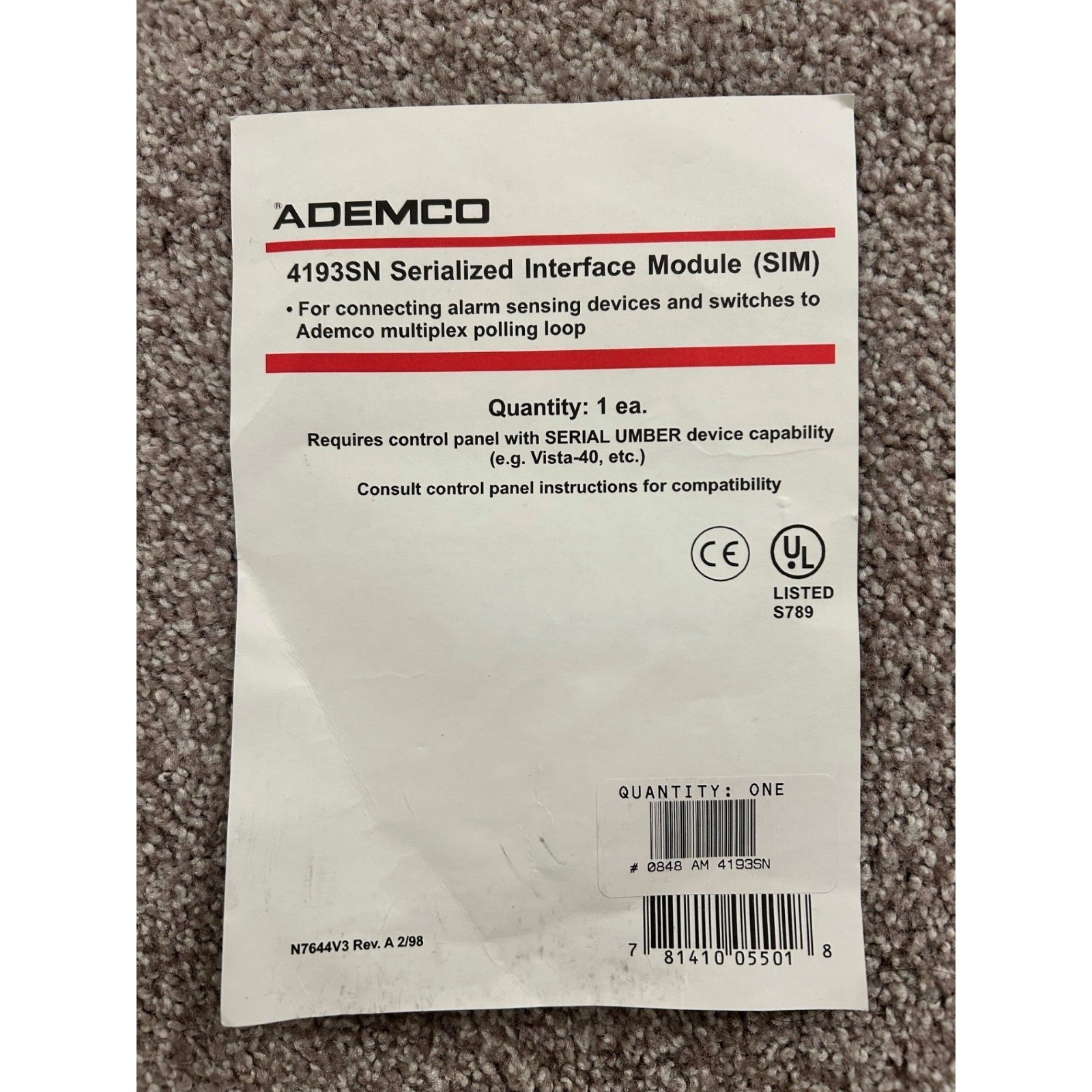 ADEMCO Honeywell 4193SN, Two Zone V-Plex Expander SERIAL INTERFACE MODULE