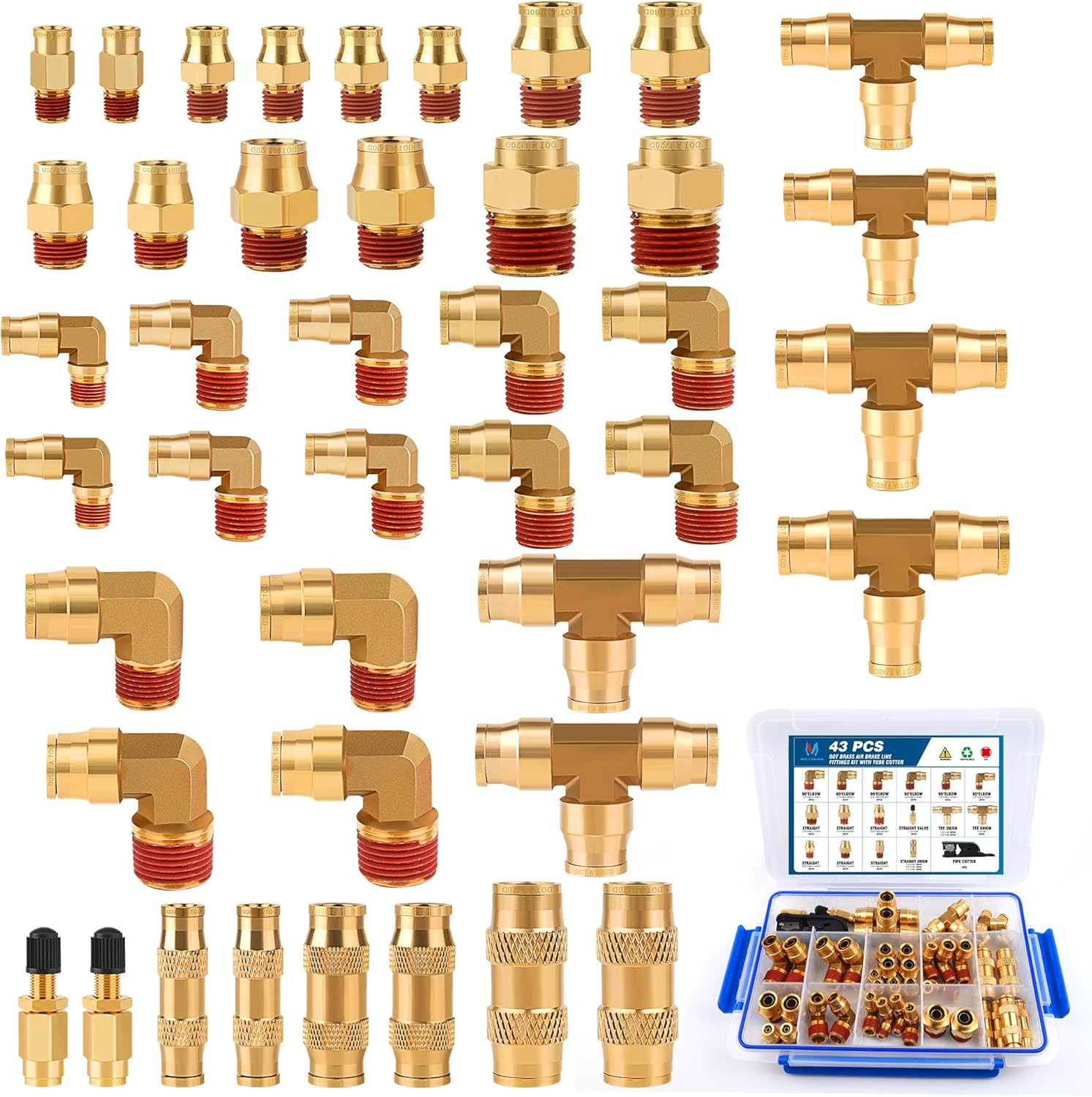 43Pcs Brass DOT Air Line Fittings Kit 1/4" 3/8" 1/2" Quick Connect Air Fittings