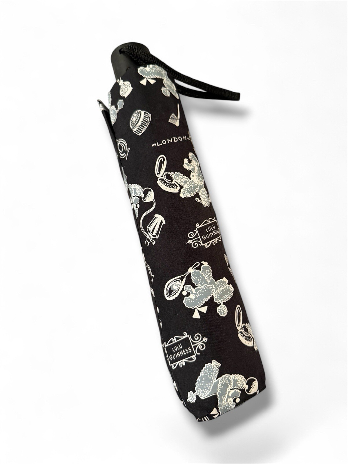Lulu Guinness London Umbrella Open & Close Button  Poodles &  Blk/White/Blue