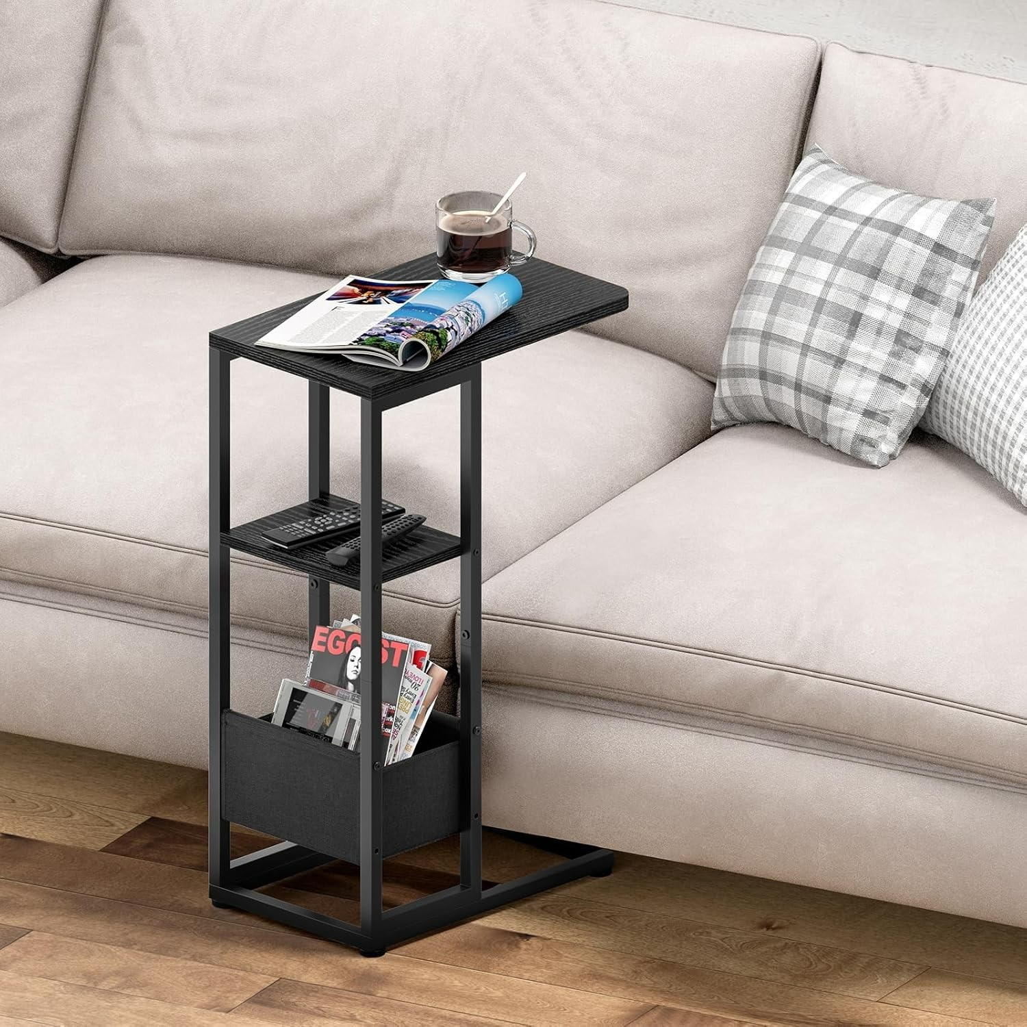 C Shaped End Table, Small Side Table for Couch, Recliner with Storage Bag
