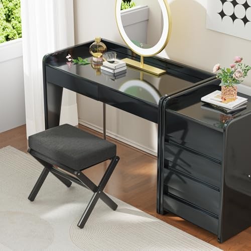 Foldable Foot Stool Ottoman, Modern Foot Rest with Bamboo X Legs Black - Black