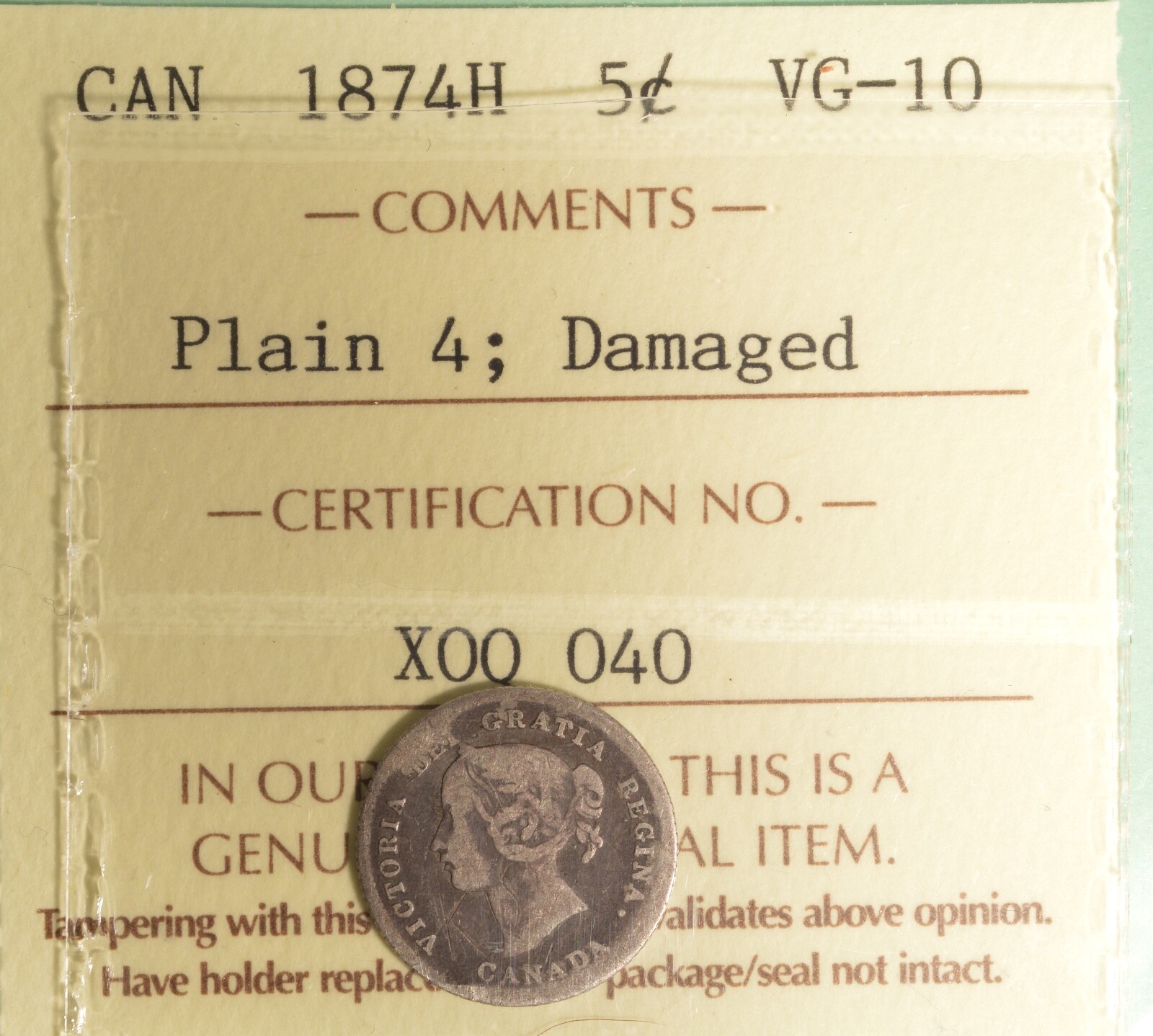 1874H  - Canada Silver Nickel  -  PLAIN 4 - Graded - ICCS VG-10  - X0Q 040