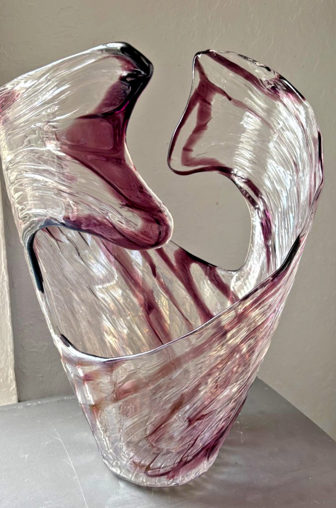 Art Glass  Abstract Hand Blown Swirl Vase Purple and Clear WAVE vase/sculpture