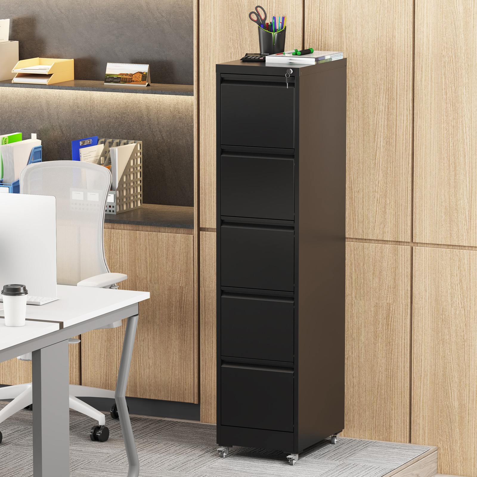 5 Drawer Metal Vertical File Cabinet with Lock Wheels A4 Legal Size Black