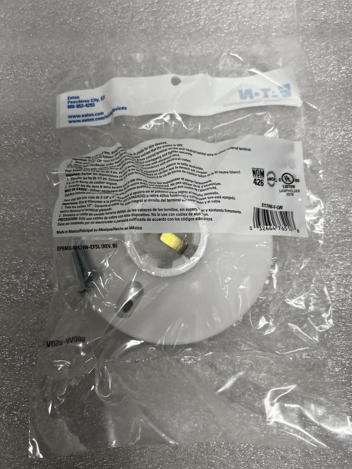 Eaton S1174W-F-LW Keyless Ceiling Lampholder Fit a Wide Variety of Applications