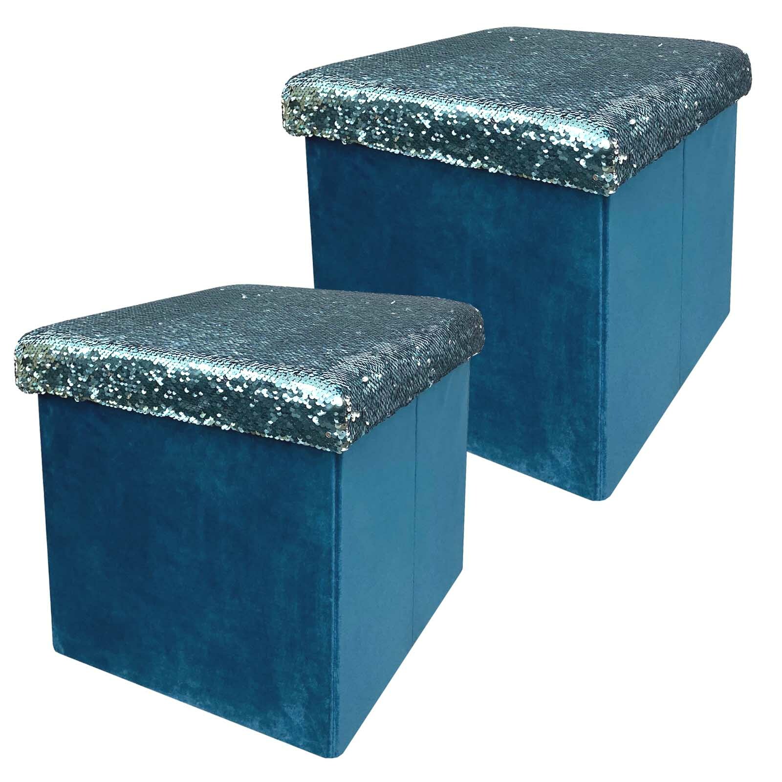 Set of 2 Storage Box Emerald | Seat Stool Velvet Cover Sequin Folding