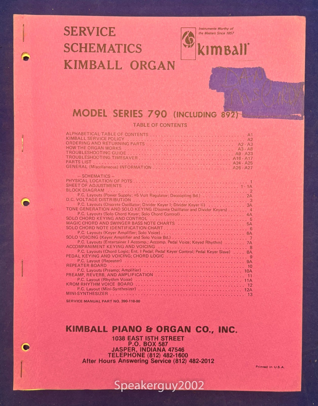 Original Kimball Organ Model Series 790 892 Schematic Manual
