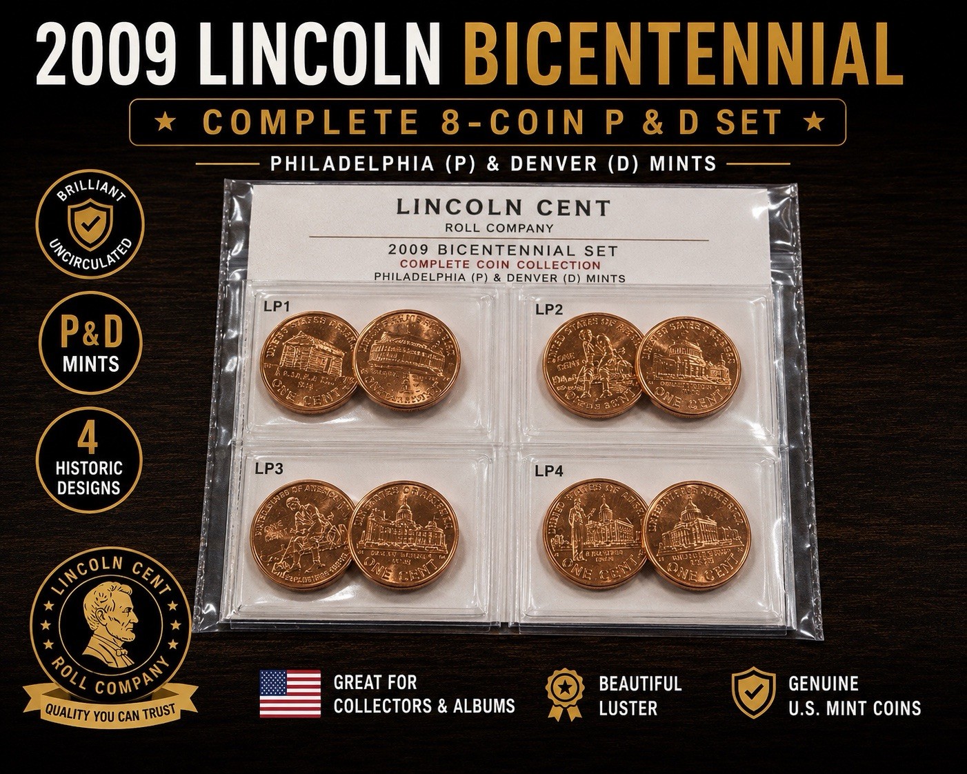 2009 Lincoln Bicentennial Penny Set P D Complete 8 Coin UNC Cent Lot