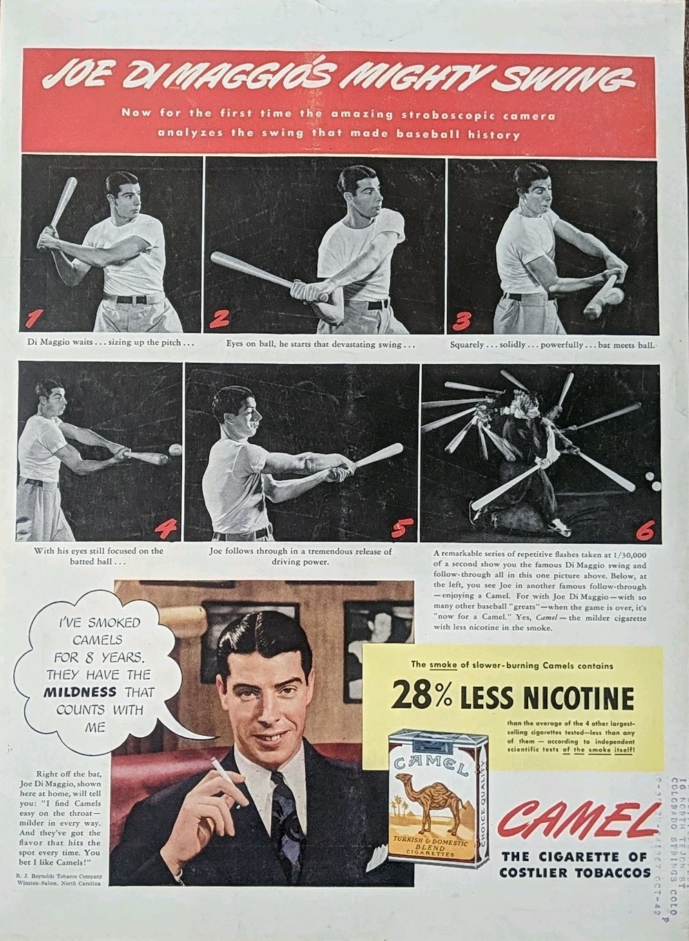1942 Vintage Camel Cigarettes Print Ad Featuring Joe DiMaggio. Baseball