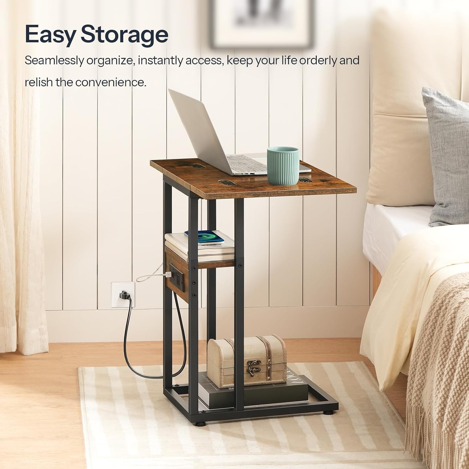 Multi-Functional Rustic C-Shaped Table with Charging Station for Modern Living