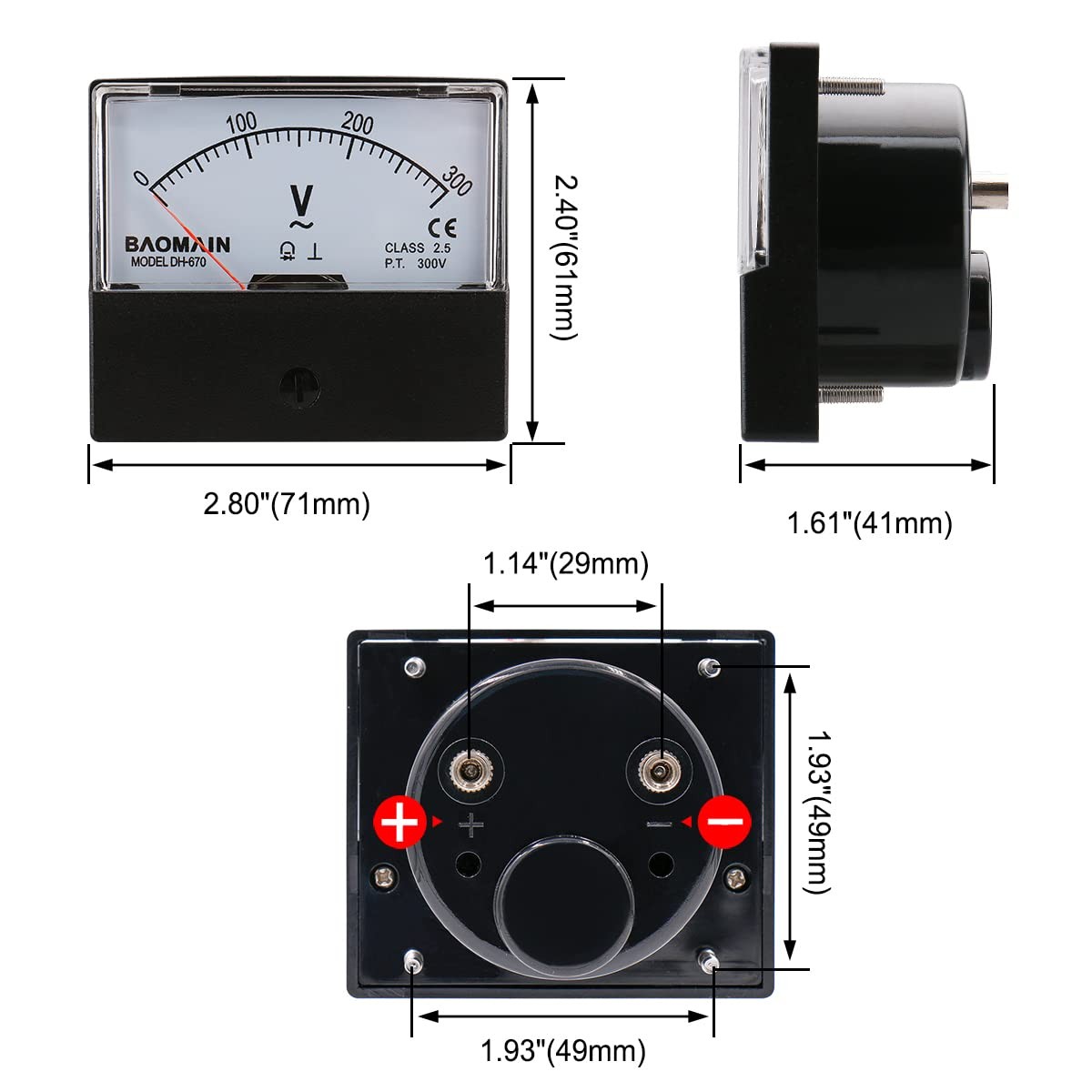 Baomain DH-670 AC 0-300V Rectangle Plastic Analog Volt Meter Panel Class Housing
