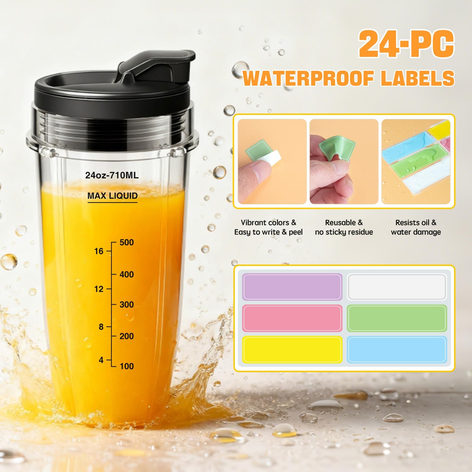 Replacement 24oz Blender Cups for Ninja 2-Pack, Leakproof Lids, Waterproof Wr...