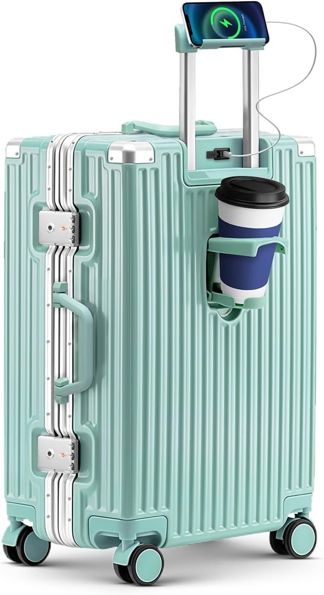 20 Inch Aluminum Frame Zipperless Carry-On: TSA Lock, USB, Cup & Phone Holder