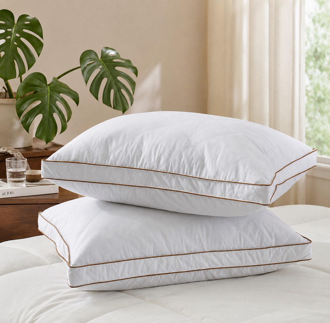 Set of 2 Bed Pillows Medium Support Gusset Down Feather Pillows, King or Queen