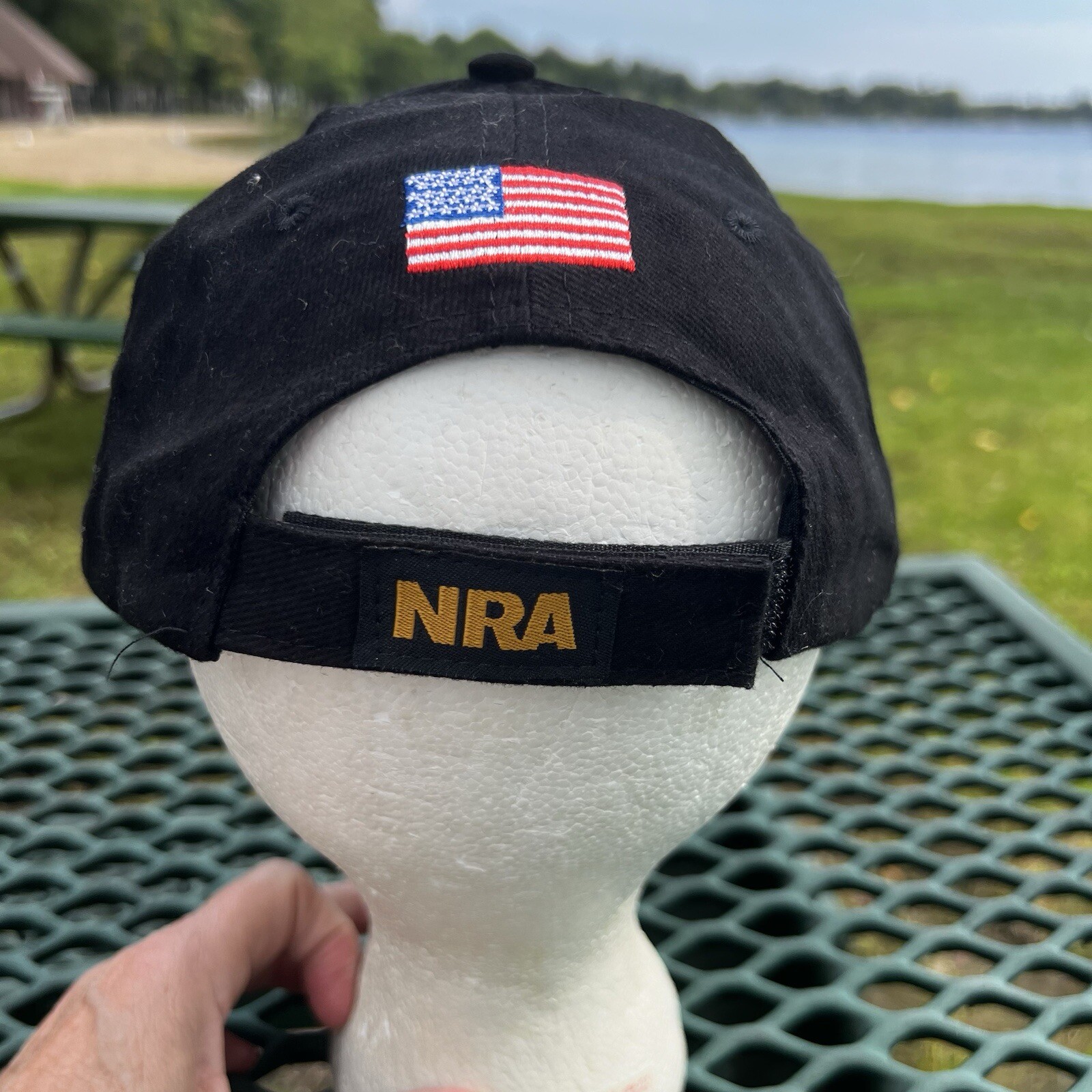 NRA Gold Letters on Black Hat Cap w Gold Bill Edge Hook Loop American Flag EUC