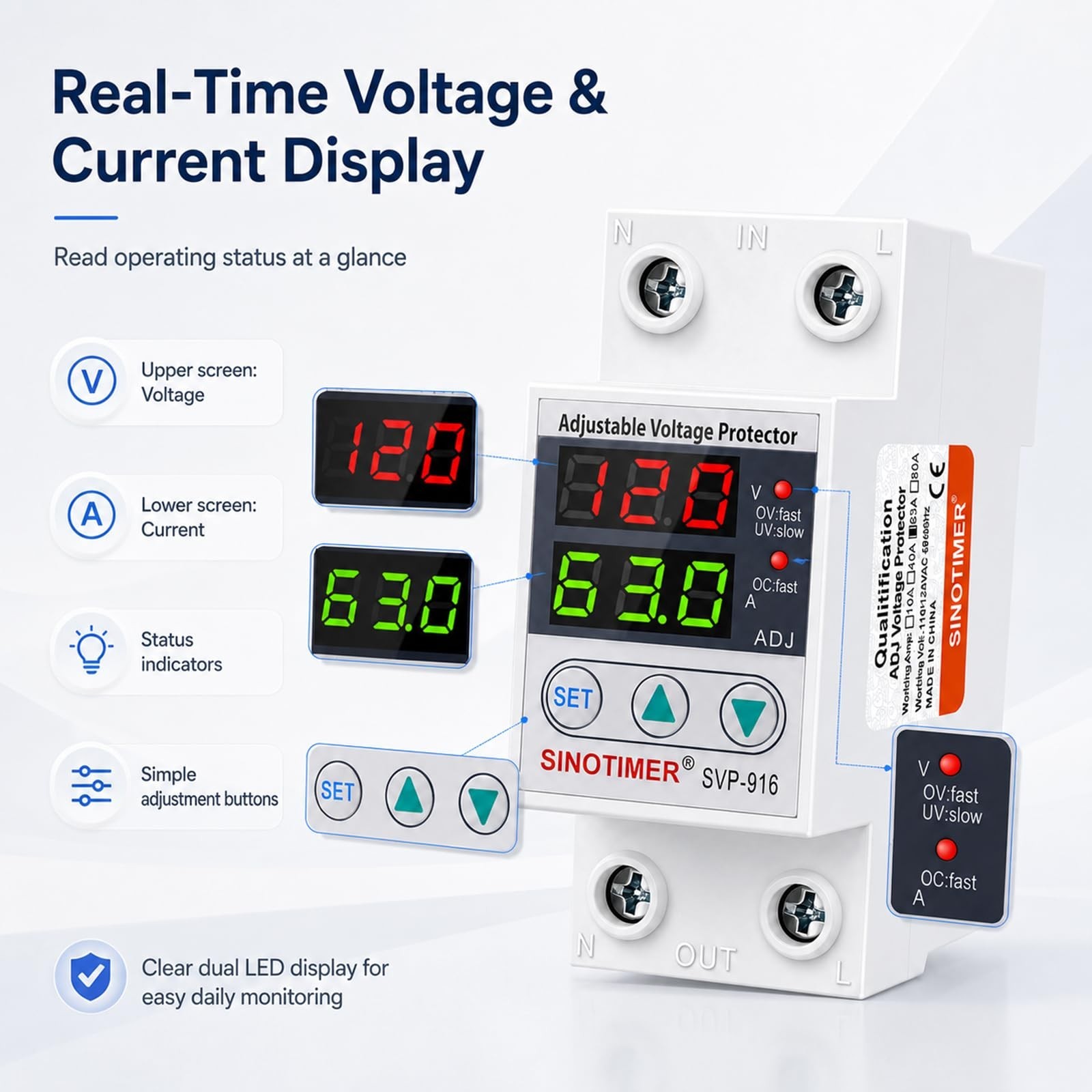 Adjustable Voltage Surge Protector 110VAC 120VAC, 2 LED Displays, Overvoltage...