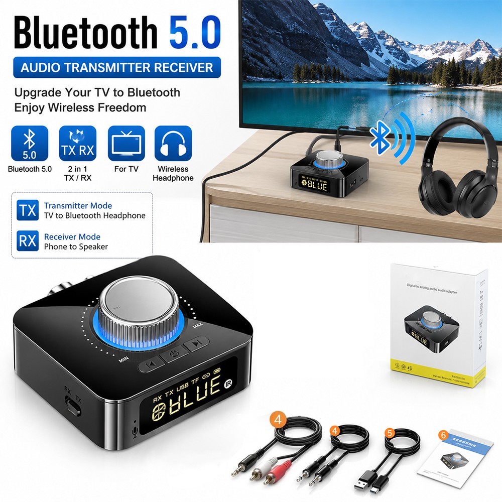 Bluetooth 5.0 Transmitter Receiver for TV Wireless Audio Adapter AUX RCA TX RX