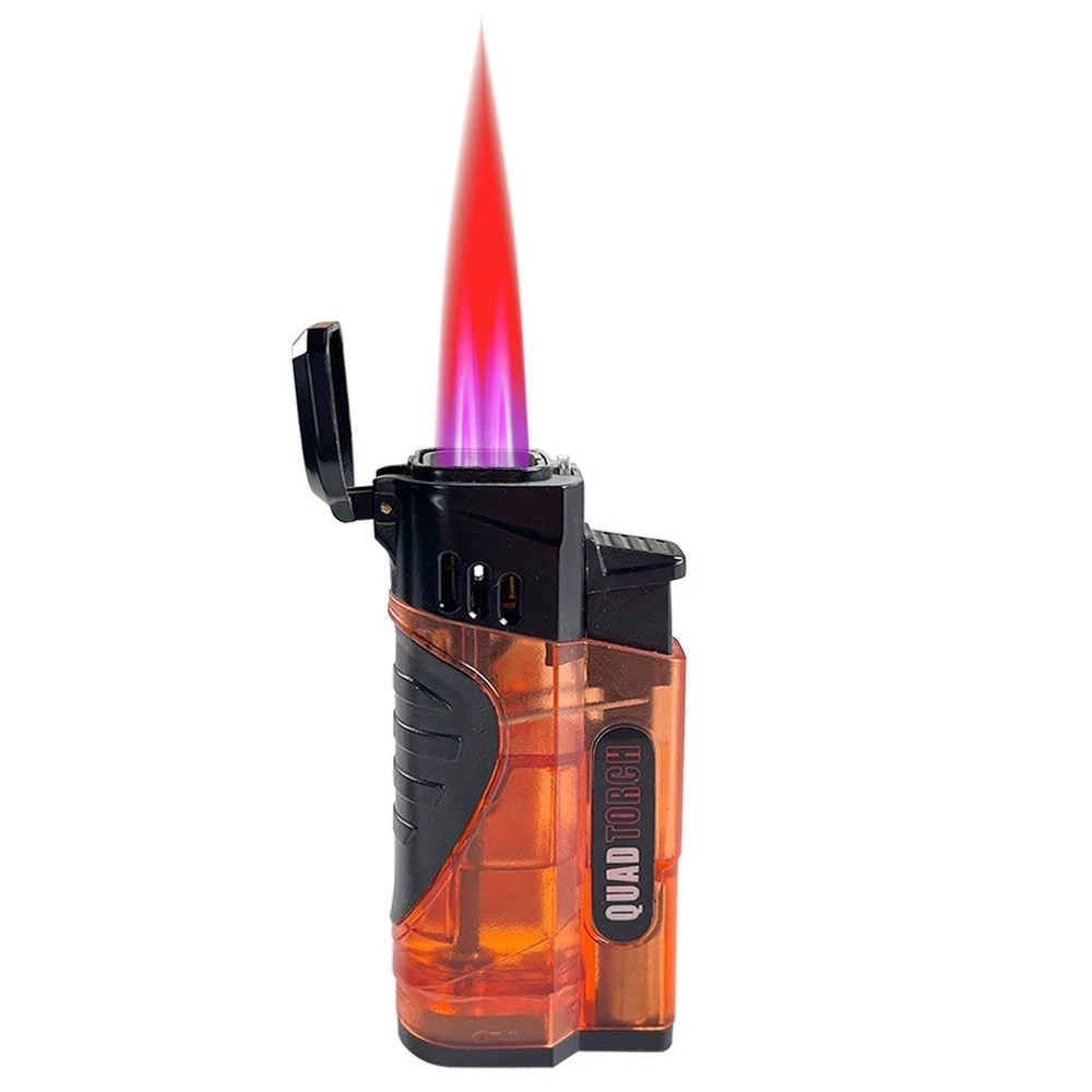 4 PACK QUAD Clear Color Torch Lighter Adjustable Flame W/Cigar Puncher