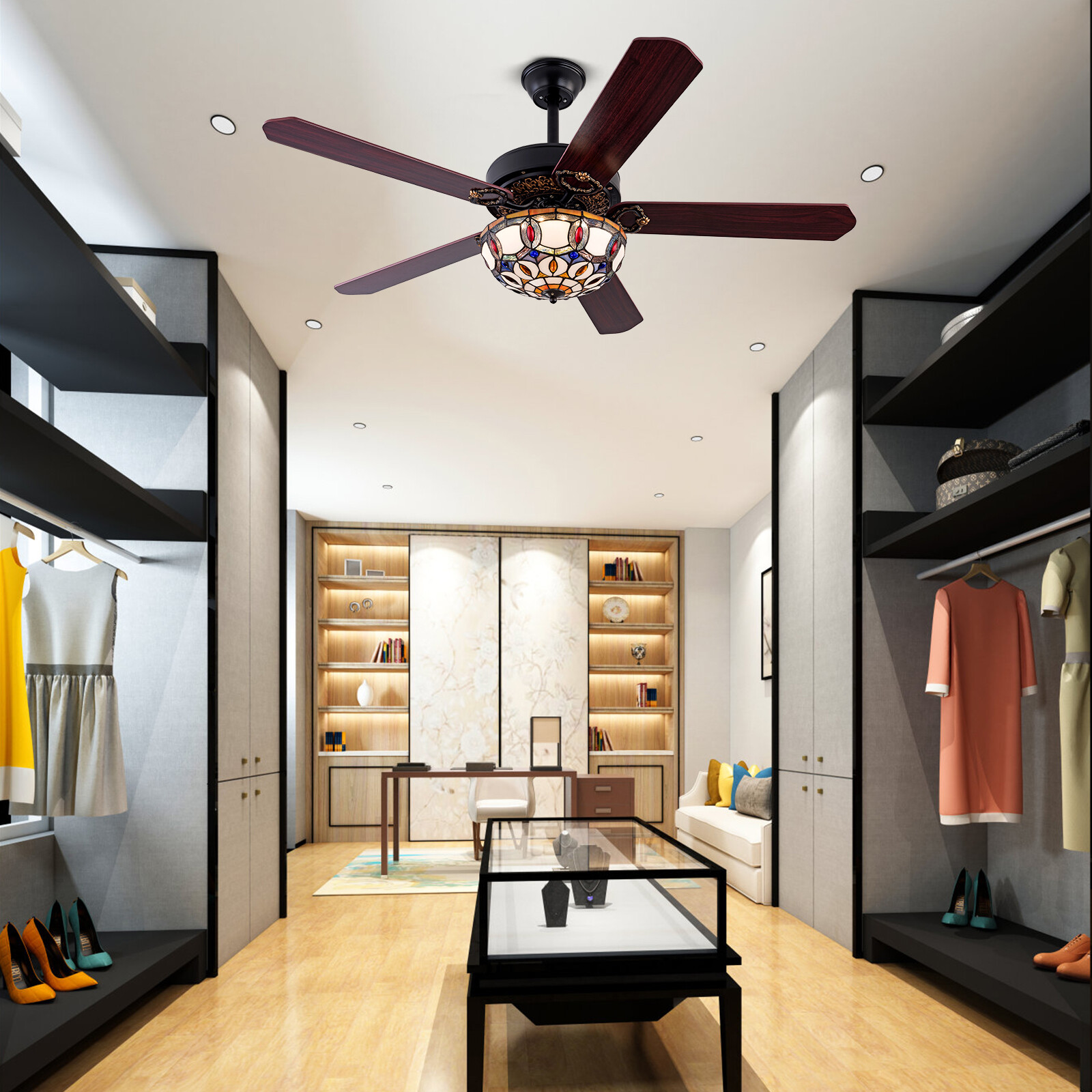 52'' Tiffany Ceiling Fan with 3 Lights +Remote Control, Wooden Ceiling Fans