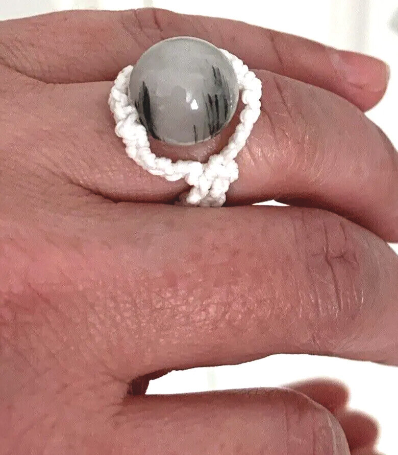 Handcrafted White Macramé Ring with Black Tourmaline and Clear Quartz Stone Bead