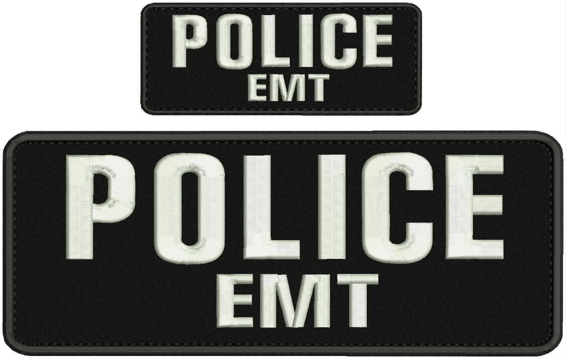 Police EMT embroidery patch 4x10 and 2x5 hook white letters