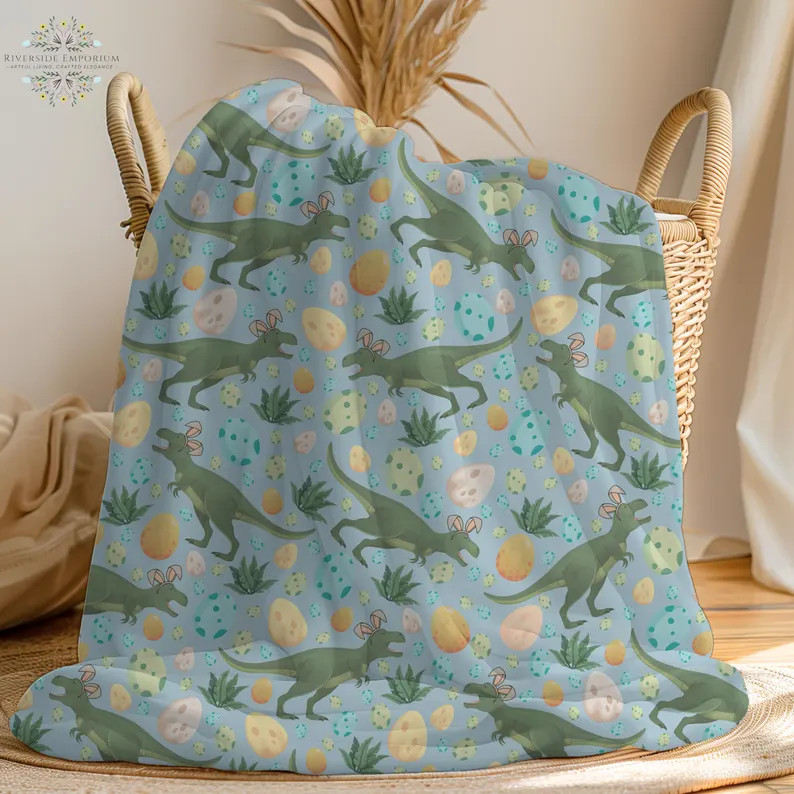 Easter Dinosaur Bunny Velveteen Blanket Kids Baby Soft Cozy Gift
