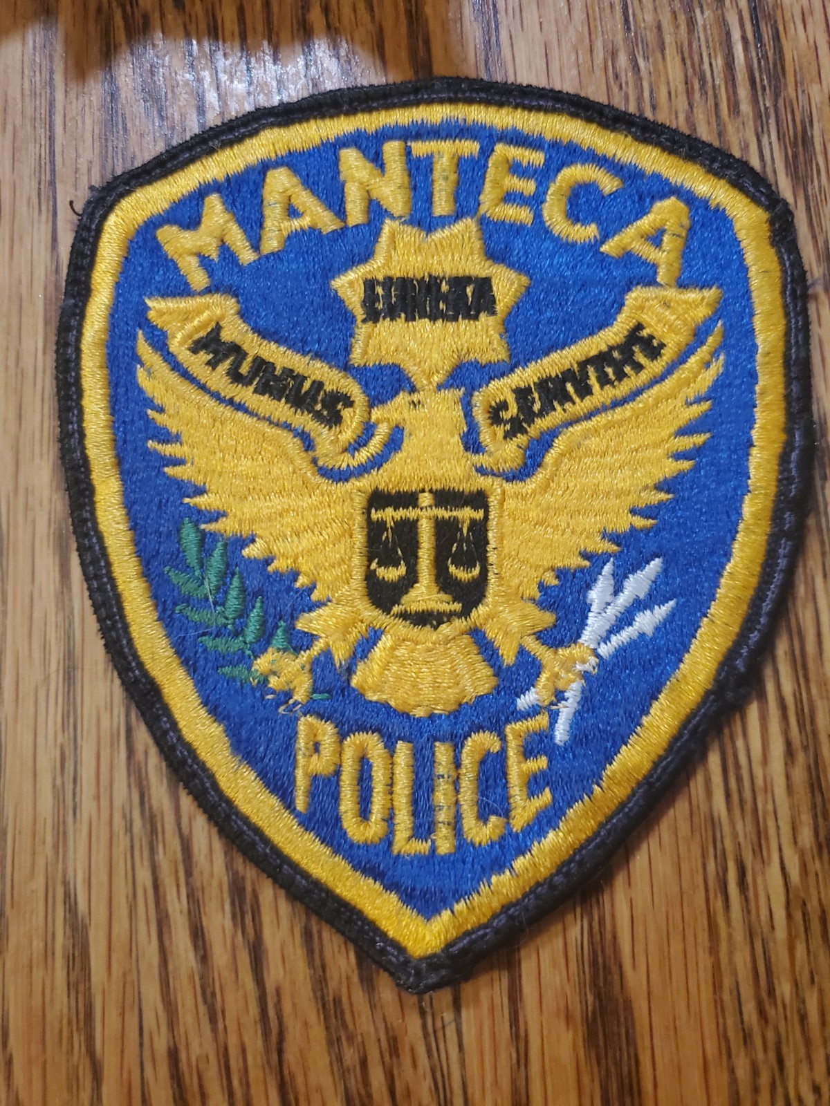 Vintage shoulder patch for the Manteca Police Department in California.