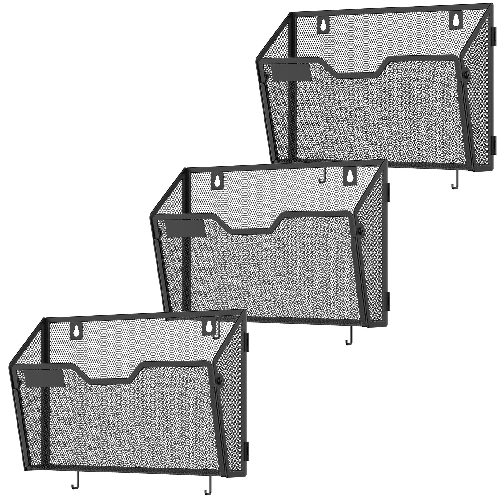 3 Pack Mesh Wall File Holders with Hooks for Mail, Black