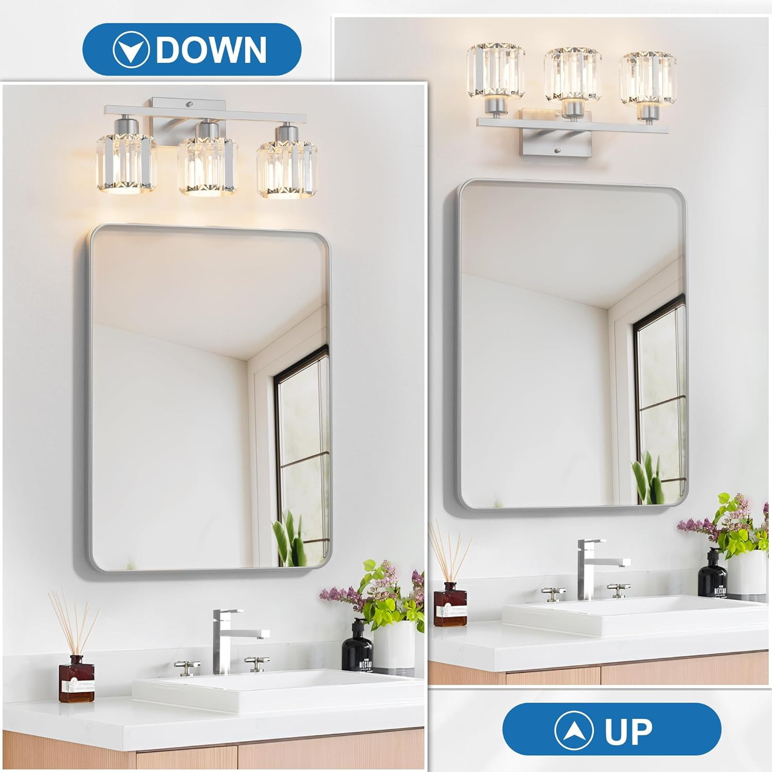 3-Light Bathroom Light Fixtures over Mirror, Brushed Nickel Crystal Wall Sconce