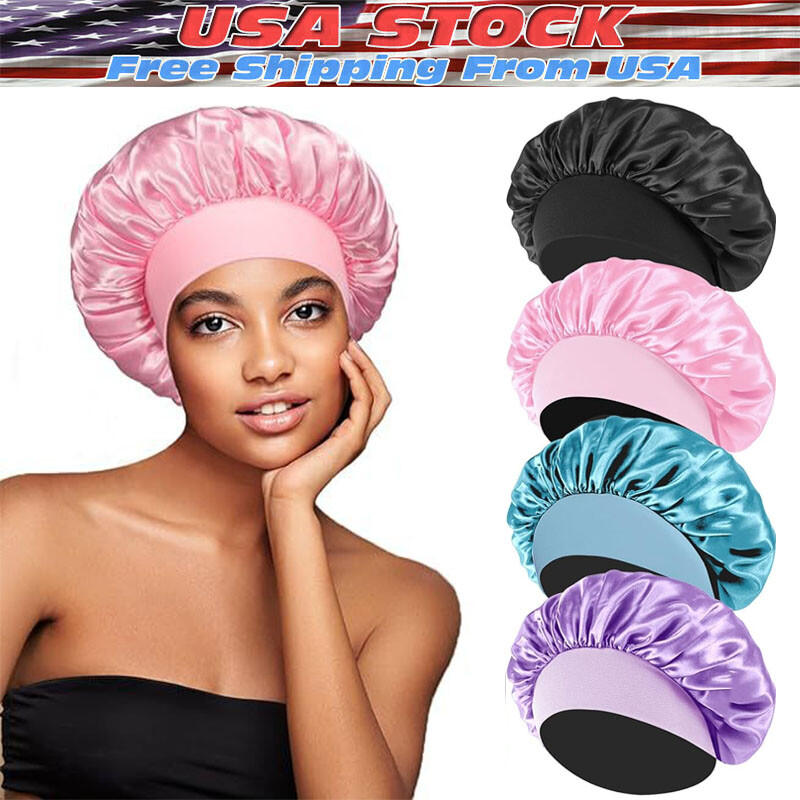 Women Satin Bonnet Night Sleep Cap Hair Hat Silk Head Cover Wide Elastic Band