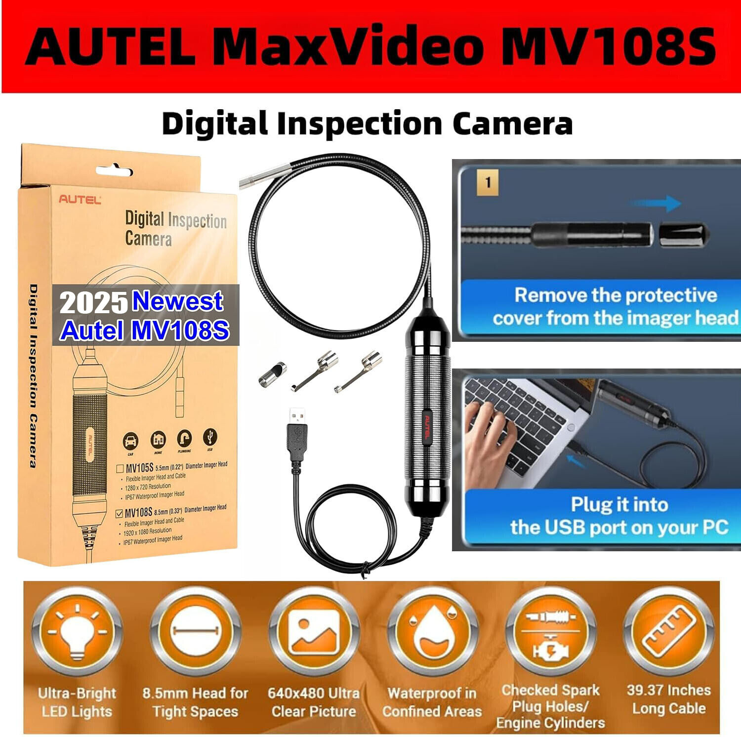 Autel MV108S MaxiVideo Inspection Video Scope 8.5mm Digital For MK808BT MP808TS
