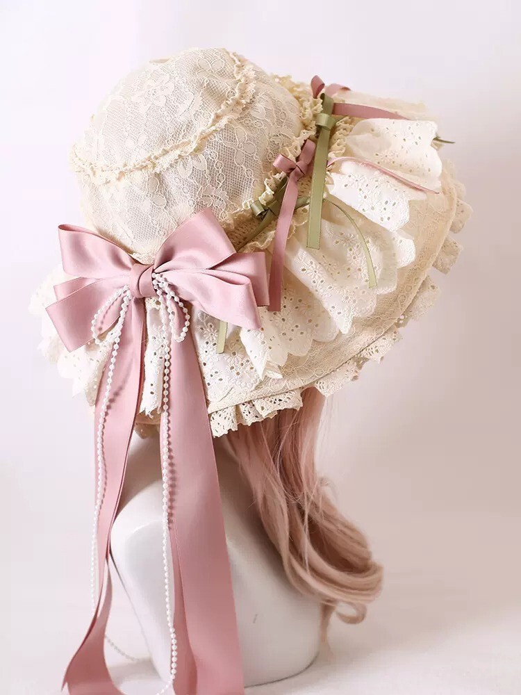 Victorian Hat with Florals Long bow for Women Classic Lolita Bucket Hat for Girl