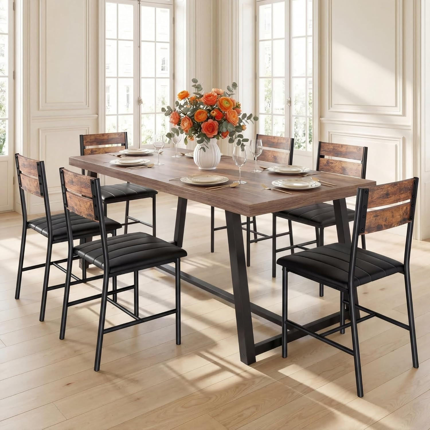 7-Piece Dining Table Set for 6, 71 Inch Rectangular Kitchen Table with 6 Upholst